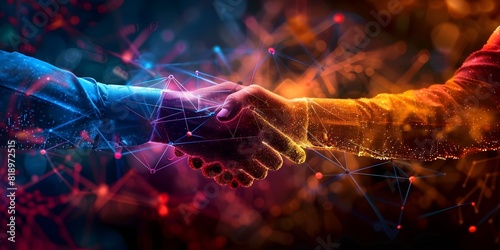 Businessmen shake hands over global stock market graph and network connections. Concept Business networking, Stock market trends, Global connections, Handshake deal, Professional collaboration photo