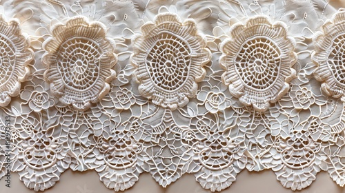 Close-up of intricate white lace fabric with delicate floral patterns, ideal for fashion, design, and crafting projects.