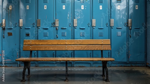 A long room with lockers on both sides and a wooden bench in the foreground.