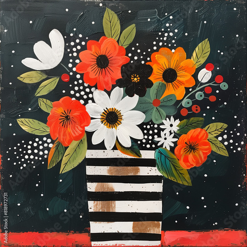 Acrylic painting of flowers in striped vase, naive art style, featuring orange, blue, and pink colors with polka dots