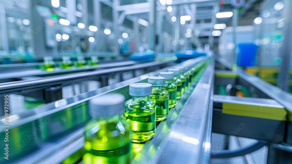 Glass bottles with green liquid on conveyor belt in modern factory. High-tech production line with automated packaging and bottling system.