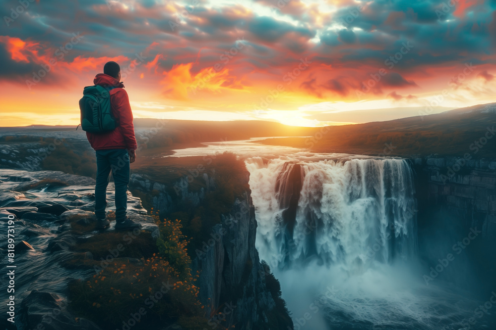 traveler stands on edge of waterfall of majestic landscape at sunset traveler stands on edge of waterfall of majestic landscape at sunset