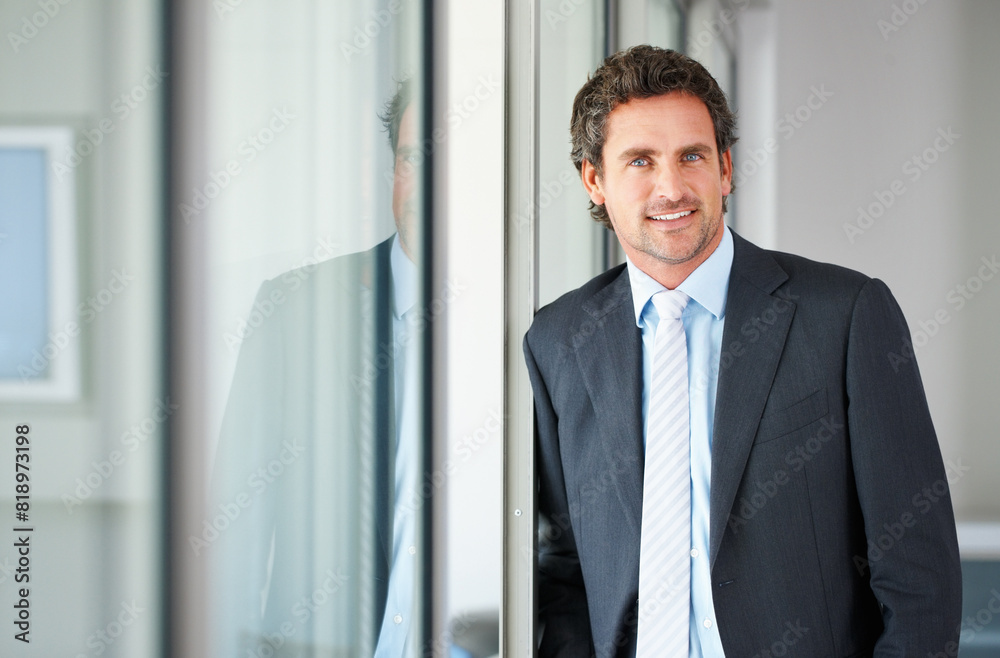 Businessman, window and happy in portrait at office for career or job growth with opportunities. Employee, smile and confident with pride as lawyer with law from for legal advice or assistance as ceo Businessman, window and happy in portrait at office for career or job growth with opportunities. Employee, smile and confident with pride as lawyer with law from for legal advice or assistance as ceo