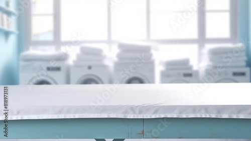 A white table with a white clean tablecloth in a laundry room with table cloth and blurring background. Interior mockup with copy space for design and advertisement. Equipment. Copy space. AIG35.