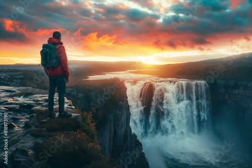 traveler stands on edge of waterfall of majestic landscape at sunset