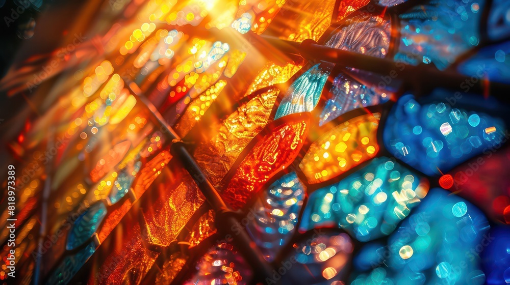 Fototapeta premium A stained glass window with a blue and red design