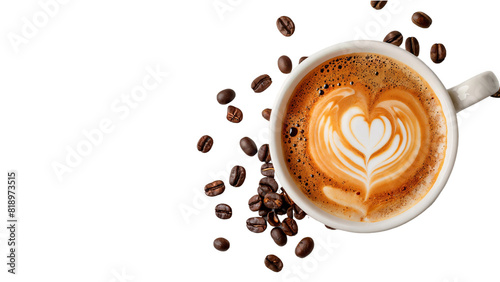 Cup of coffee with heart shape latte with beans, isolated on transparent background photo