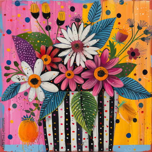 Acrylic painting of flowers in striped vase, naive art style, featuring orange, blue, and pink colors with polka dots