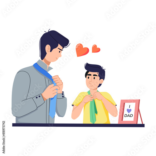 A flat illustration depicting father and son getting dressed 