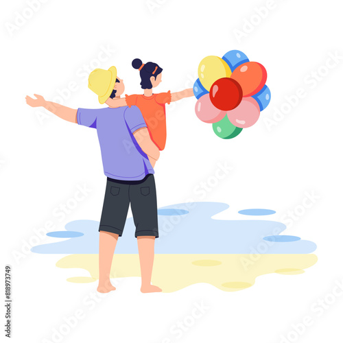 Grab this flat illustration depicting father daughter beach fun 