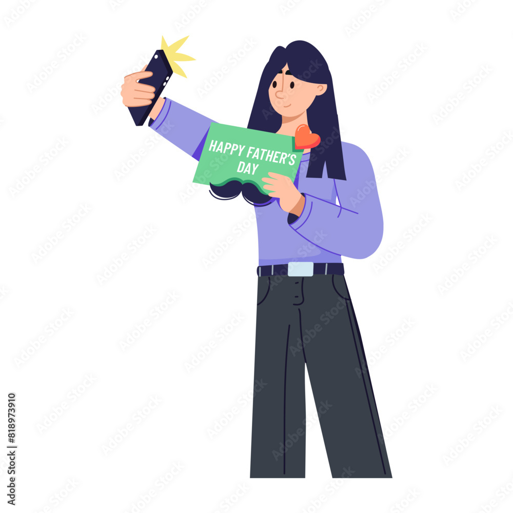 Premium flat illustration of girl taking selfie on fathers day Premium flat illustration of girl taking selfie on fathers day