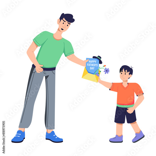 Ready to use flat illustration of son giving card to father 