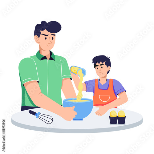 An editable flat illustration of father and son baking together 