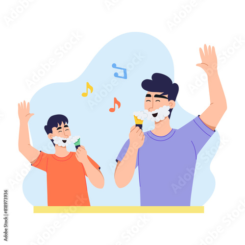 Ready to use flat illustration of son and dad shaving together 