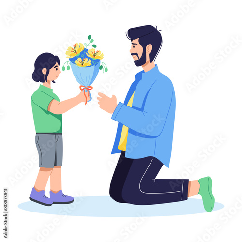 Beautiful flat illustration showing daughter giving bouquet to father 