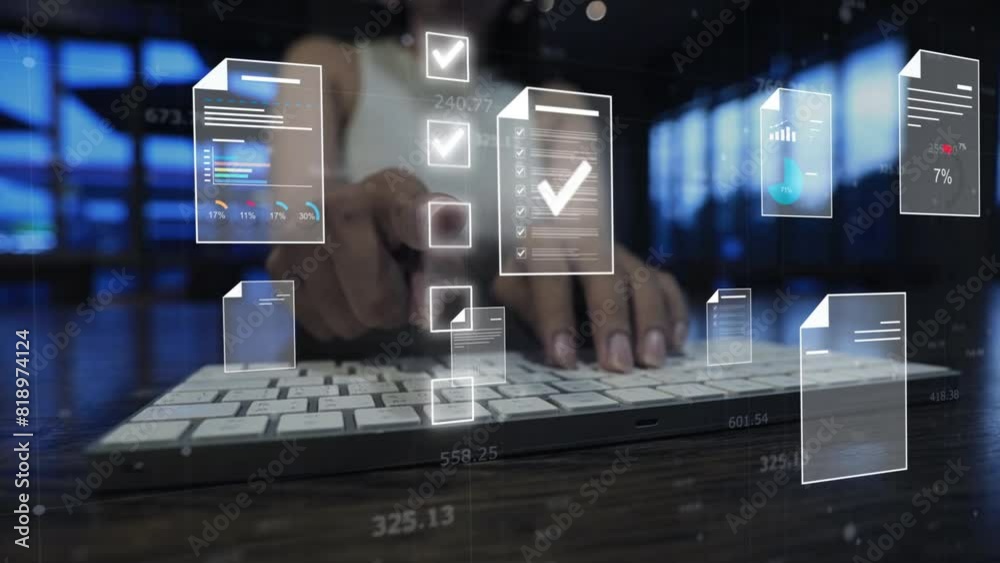 Document management concept, Businesswomen check electronic documents on digital documents on virtual screen Document Management System and process automation to efficiently document paperless operate