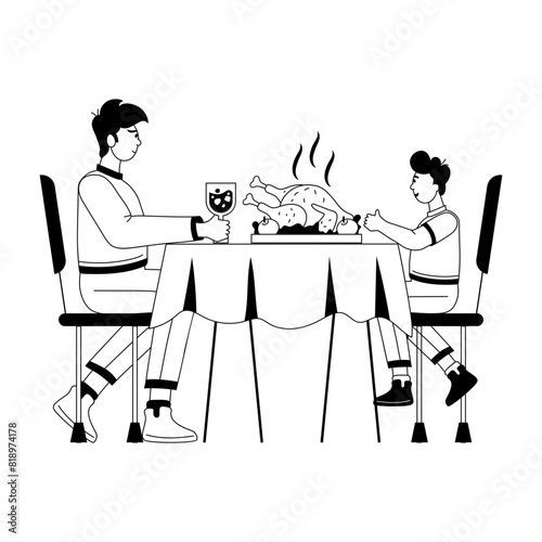 Father and son enjoying dinner, glyph illustration 