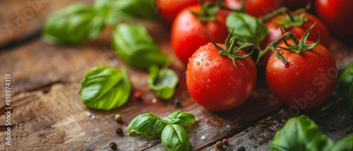 Fresh red tomatoes with green basil leaves on a rustic wooden table. Perfect for farm-to-table cooking and organic recipes.