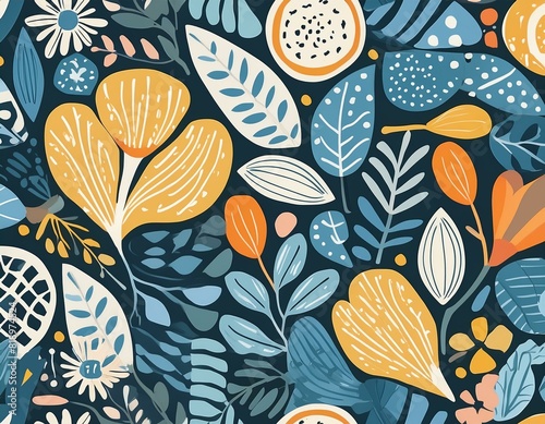 Abstract Leaves and Flowers in Matisse Style  Seamless Pattern