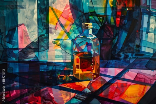Painting of a bottle of liquor sitting on a table in front of a window photo