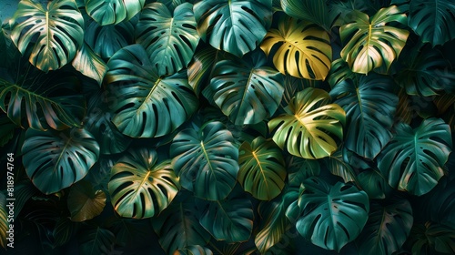 In the background of a lush tropical jungle  leaves unfold in a vibrant tapestry