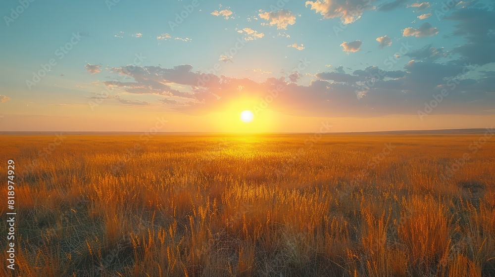 A large field of tall grass with a bright orange sun in the sky