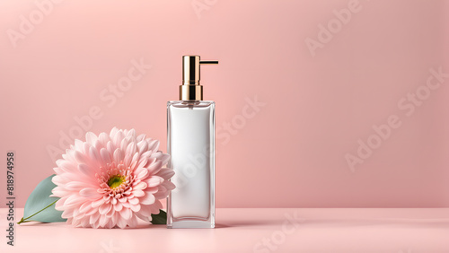 a pink flower next to a bottle of perfume