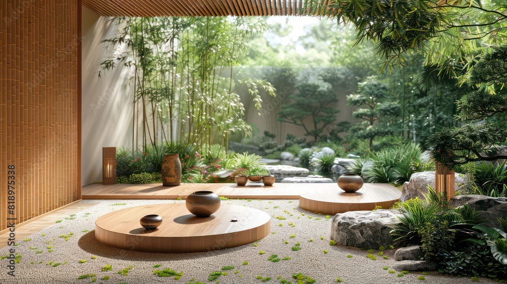 Fototapeta premium A serene garden with a wooden fence and a stone wall