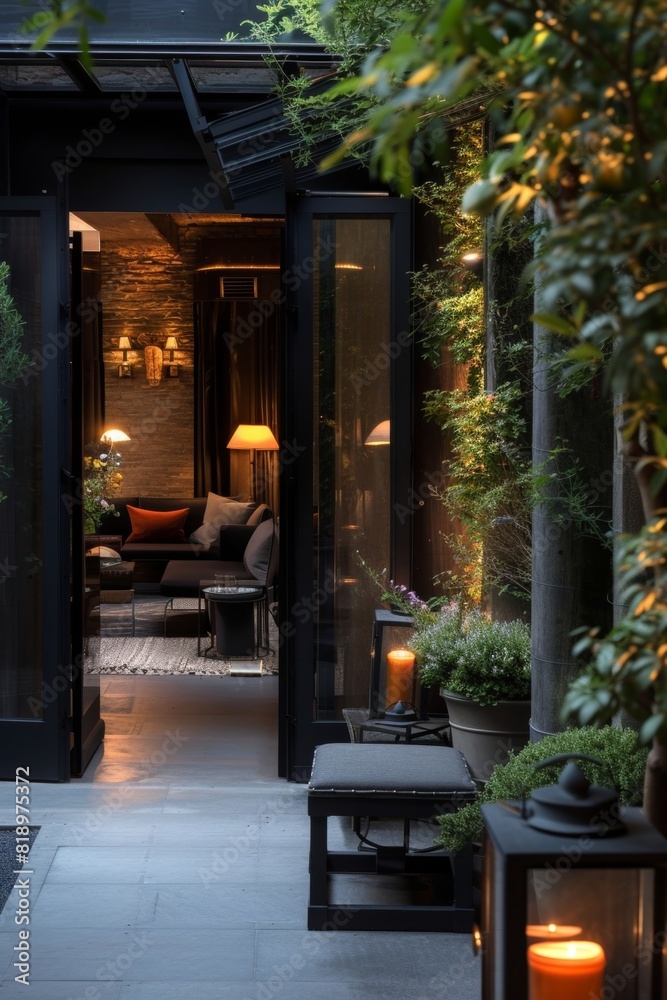 Serene courtyard lounge with soft lighting and luxurious decor providing an intimate atmosphere during twilight. Serene courtyard lounge with soft lighting and luxurious decor providing an intimate atmosphere during twilight.