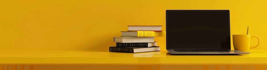 a laptop, books and coffee cup on a yellow background with copy space for a text web banner design template for online education or digital learning concepts.