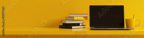 a laptop, books and coffee cup on a yellow background with copy space for a text web banner design template for online education or digital learning concepts.