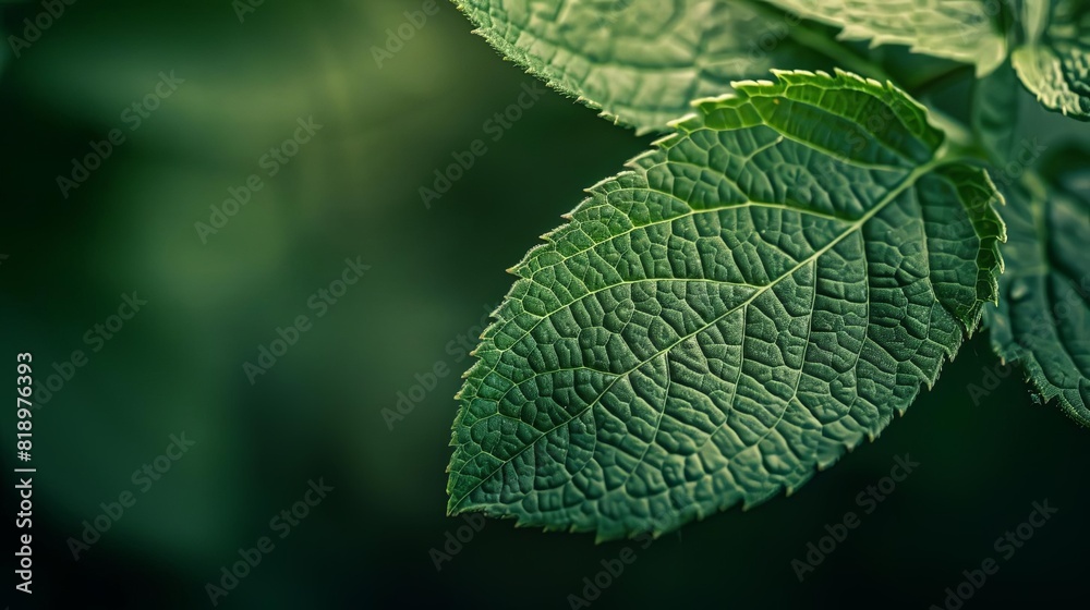 Green leaf, side view, Symbolizes nature and growth, technology tone, Complementary Color Scheme, closeup