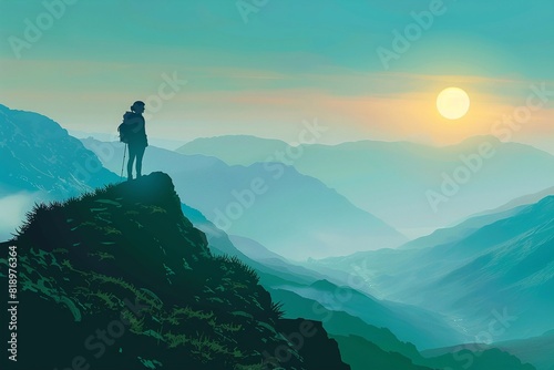 A woman on top mountain gazing at a beautiful valley view shrouded in mist at sunrise, hiking travel, Vector illustration. © Sarawut