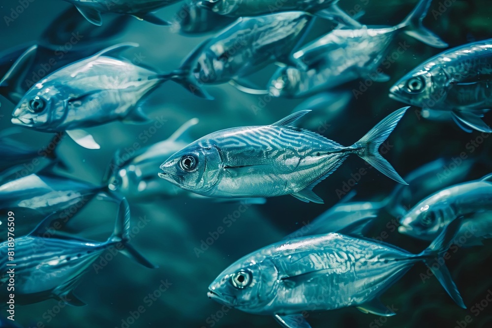 Fototapeta premium School of fish, top view, Depicts underwater community, futuristic tone, Analogous Color Scheme, realistic