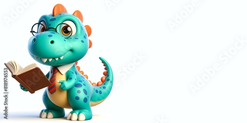 a charming cartoon dinosaur, colored blue with orange accents, donning glasses and a tie, engrossed in reading an open book.