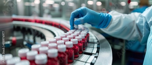 Close-up of a technician's gloved hand inspecting medicine bottles on a conveyor belt in a pharmaceutical factory.