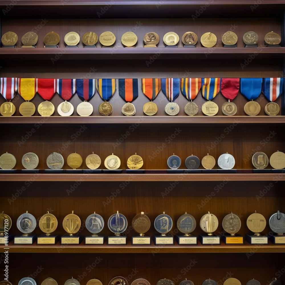 An assortment of circular medals and colorful ribbons on wooden shelves, commemorating diverse achievements and honors.