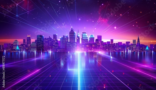 80s synthwave background with grid in purple and blue neon colors featuring a city skyline in the distance rendered in the style of perspective line art.