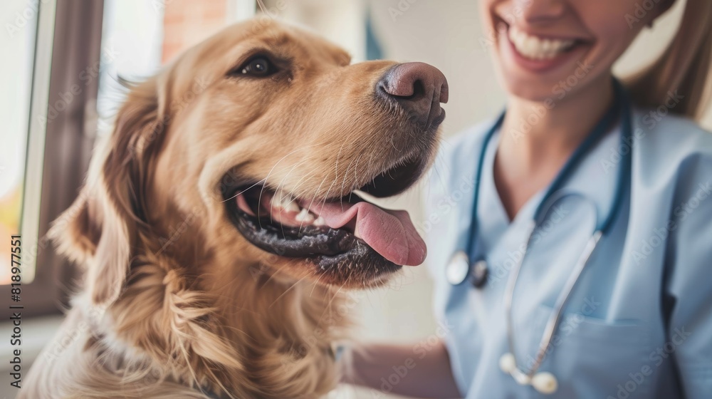 Close-up of a happy golden retriever dog with a female veterinarian in a clinic, showcasing pet healthcare, care, and companionship.