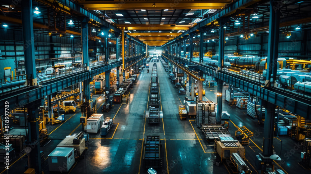 Fototapeta premium A wide-angle view of a spacious industrial warehouse lit at night, showcasing rows of goods and machinery.