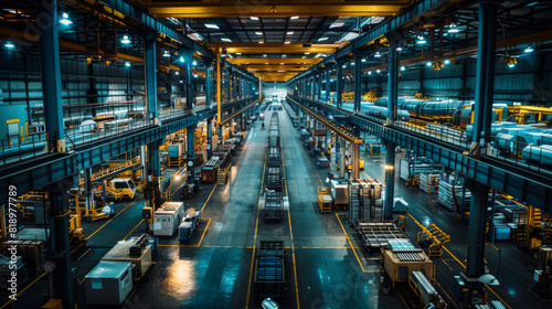 A wide-angle view of a spacious industrial warehouse lit at night, showcasing rows of goods and machinery.