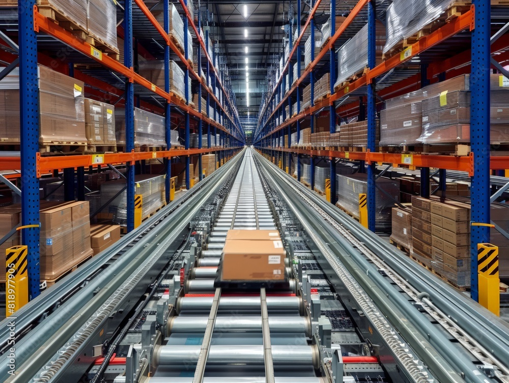 Fototapeta premium A warehouse with automated storage and retrieval systems, showcasing logistics technology and innovation