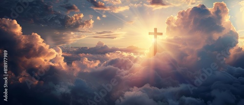 Beautiful scene with a cross in the sky above clouds, illuminated by a golden sunset, symbolizing hope, faith, and spirituality.