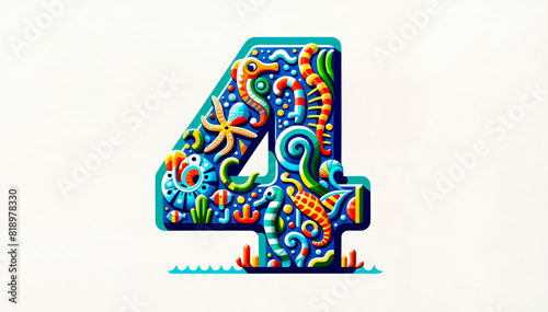 number 4 adorned with intricate marine-themed patterns, featuring sea creatures like seahorses, fish, and coral. Perfect for milestone birthdays, anniversaries, and event promotions photo