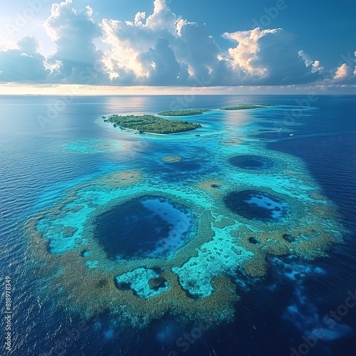 Aerial view of Atolls in Maldives archipelagos in the Indian Ocean with cloudy sky  photo