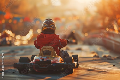 A picturesque scene of a family enjoying a day of go-karting together, with a cute kid, aged 6, riding in a pastel-colored kart between their parents' karts. Captured from a medium distance, the image photo