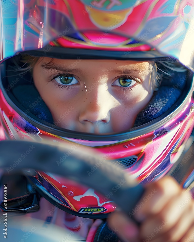 A close-up of a cute kid, aged 9, wearing a racing helmet adorned with pastel colors, eagerly gripping the steering wheel of their go-kart as they prepare to race. The focus is on the determined expre A close-up of a cute kid, aged 9, wearing a racing helmet adorned with pastel colors, eagerly gripping the steering wheel of their go-kart as they prepare to race. The focus is on the determined expre