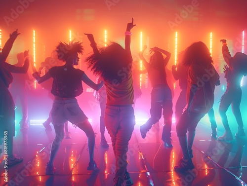 Dance Floor Scene with Neon Lights and Joyful Group of Friends Celebrating