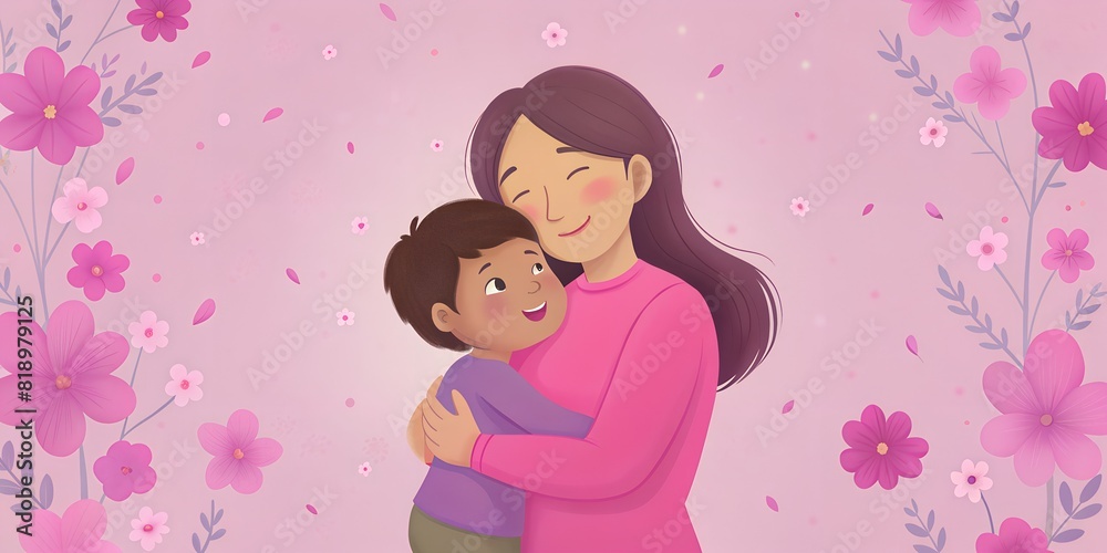 Mother's Day, opening, illustration. child gives flowers to mother, mother's love, mother is the best, letter to mother, beloved mother. mother with flowers Mother's Day, opening, illustration. child gives flowers to mother, mother's love, mother is the best, letter to mother, beloved mother. mother with flowers