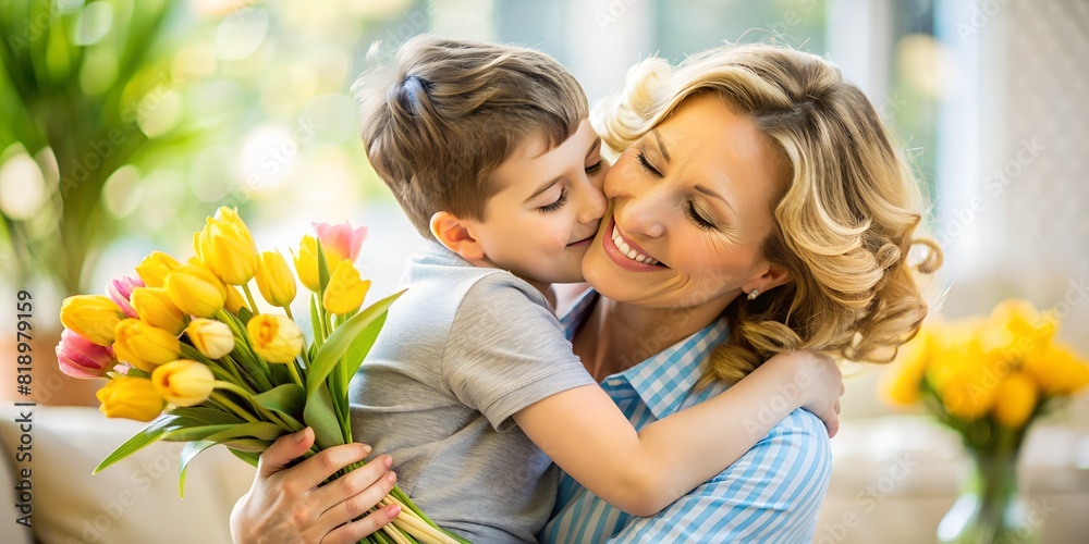 Mother's Day, opening, illustration. child gives flowers to mother, mother's love, mother is the best, letter to mother, beloved mother. mother with flowers Mother's Day, opening, illustration. child gives flowers to mother, mother's love, mother is the best, letter to mother, beloved mother. mother with flowers